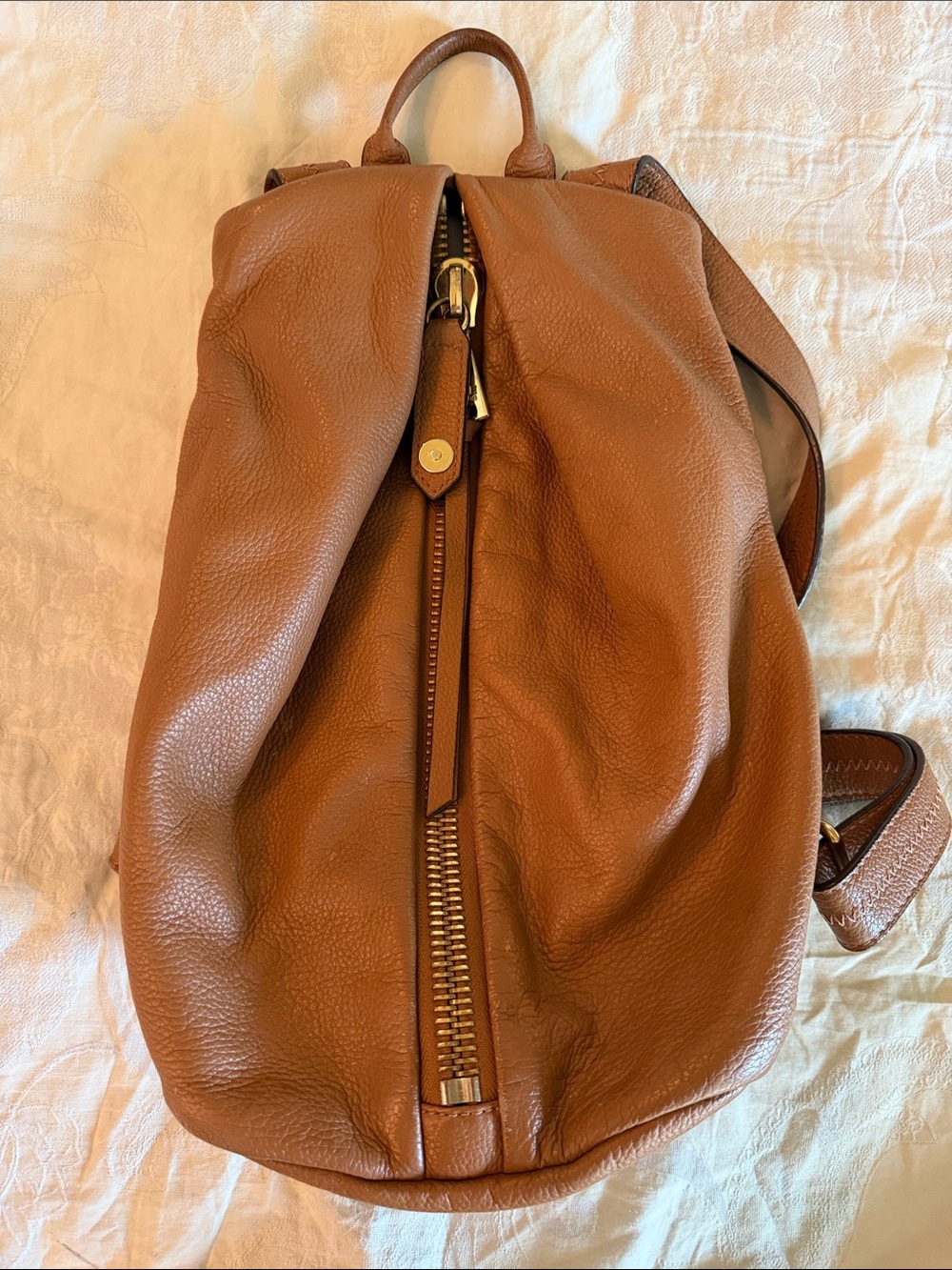 Aimee Kestenberg Cognac Pebbled Leather Backpack Purse Gold Hardware